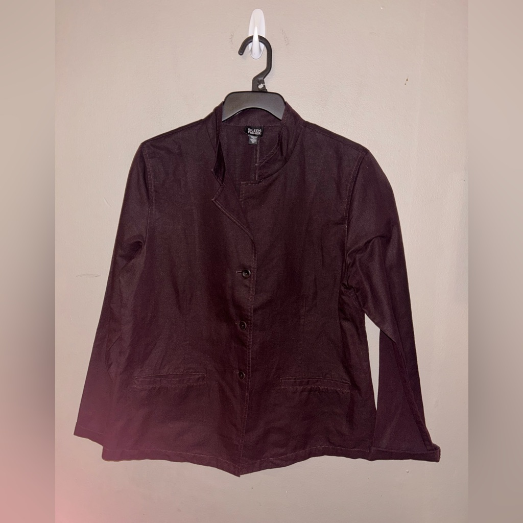 Eileen Fisher Blazer - Deep Brown Linen/Cotton Blend Button Front Relaxed Fit